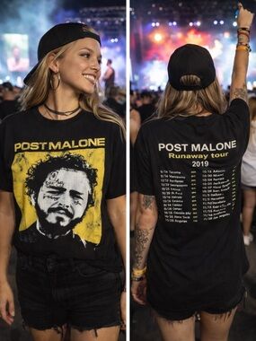 Post Malone 2019 Runaway Tour Hip-Hop Music Concert Black Graphic T-Shirt